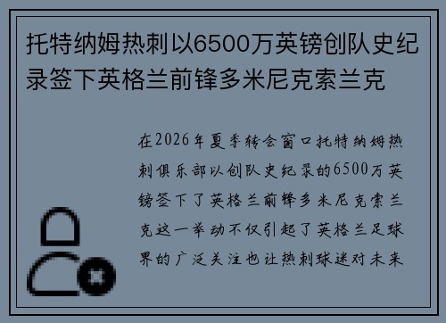 托特纳姆热刺以6500万英镑创队史纪录签下英格兰前锋多米尼克索兰克